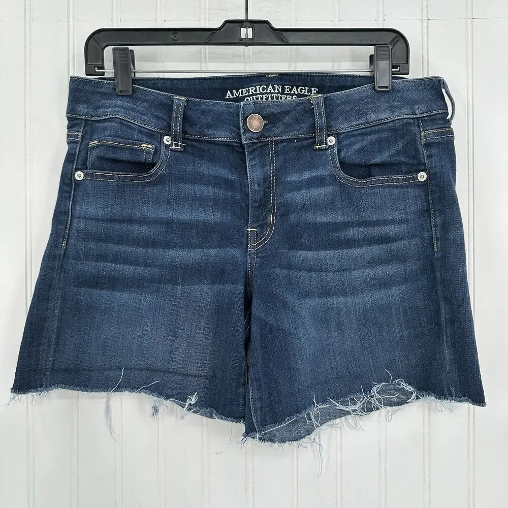American Eagle Shorts Womens 14 Midi Blue Jean Denim Super Stretch Distress Fray